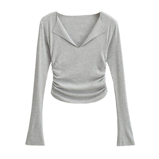 Sexy flared sleeves large V-neck long sleeves slim fit short T-shirt