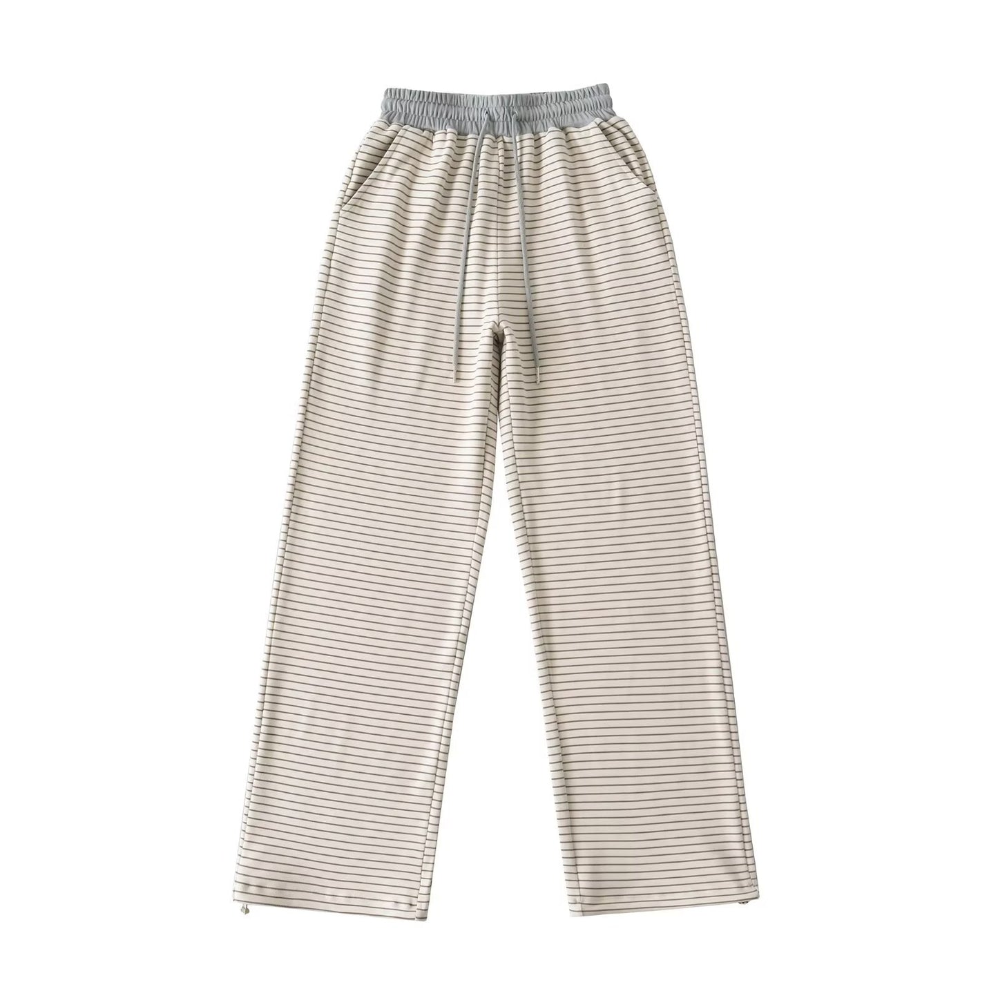 Derong lazy style contrasting striped high waisted wide leg pants