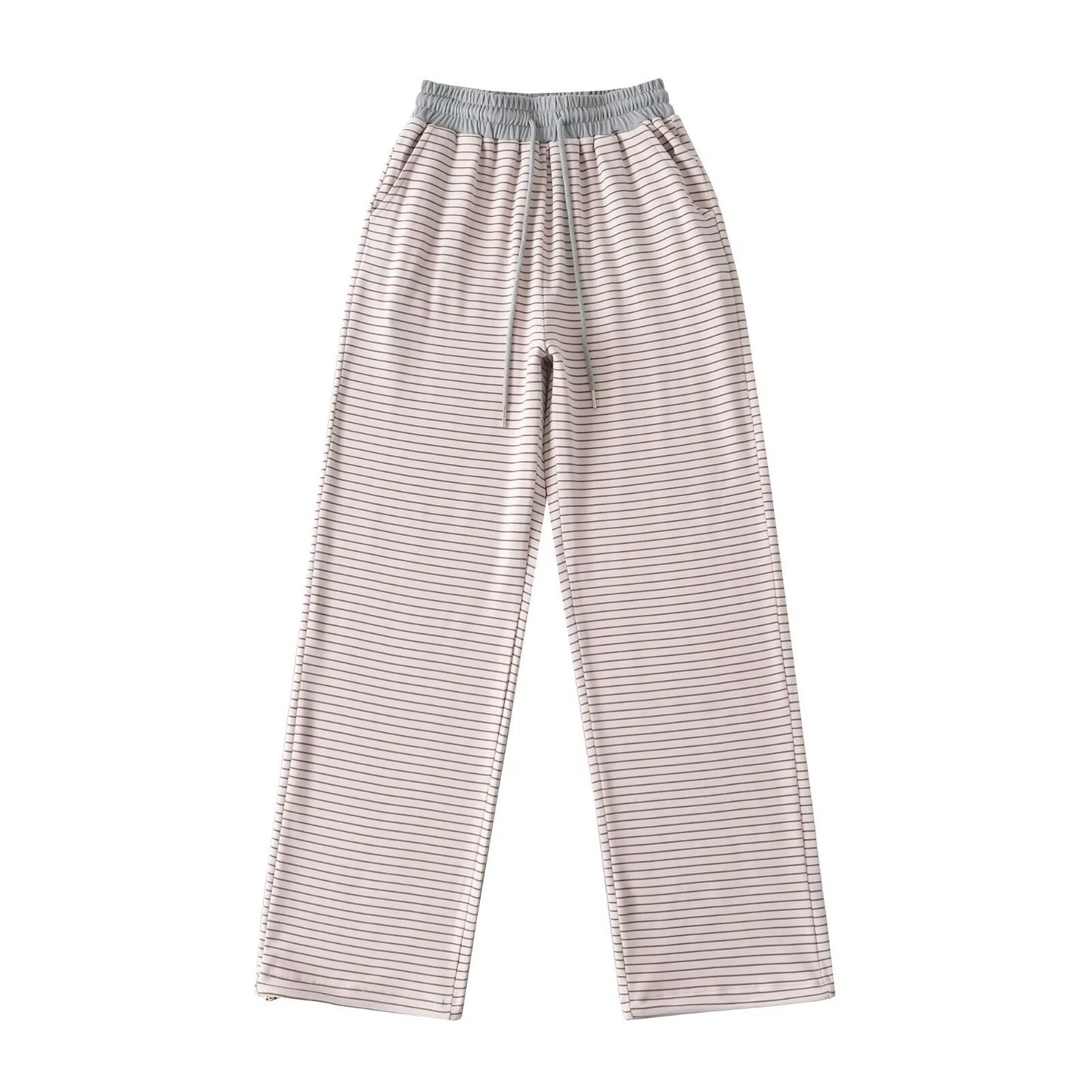 Derong lazy style contrasting striped high waisted wide leg pants