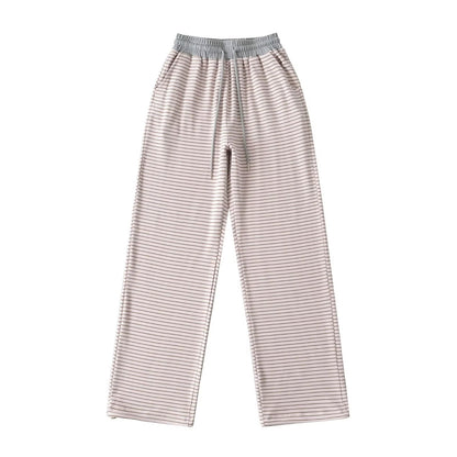 Derong lazy style contrasting striped high waisted wide leg pants