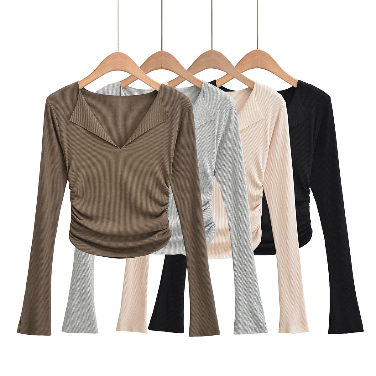 Sexy flared sleeves large V-neck long sleeves slim fit short T-shirt