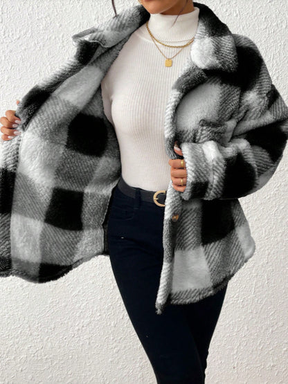 Ladies' casual plaid plush button front jacket