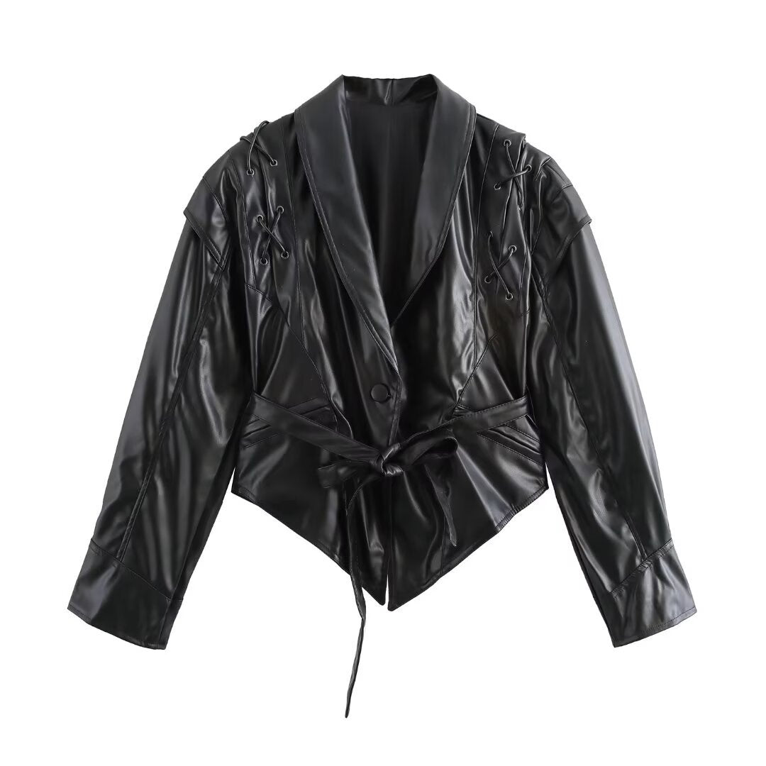Versatile collar long sleeved asymmetrical waistband leather jacket for women