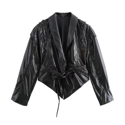 Versatile collar long sleeved asymmetrical waistband leather jacket for women