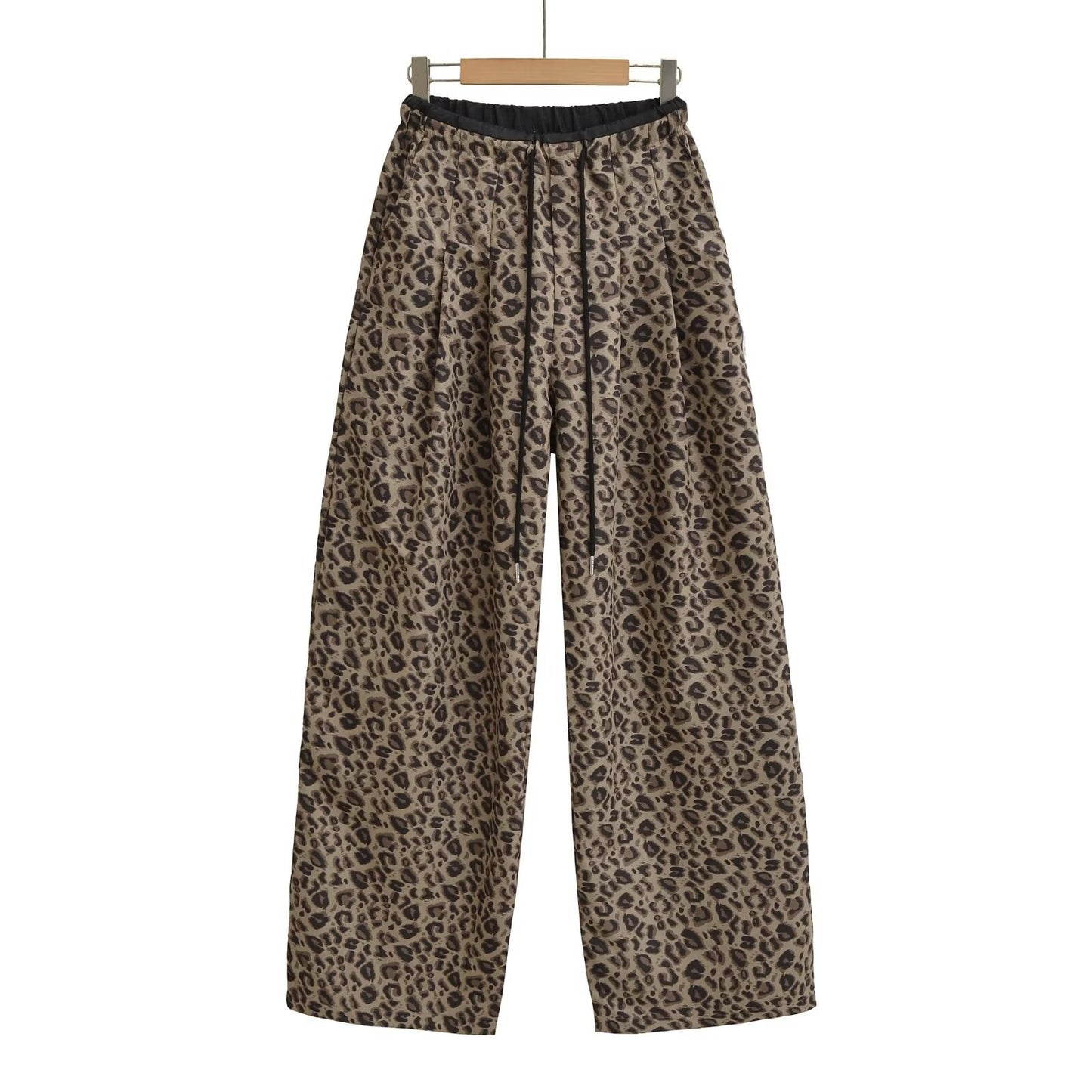 Retro color blocked loose straight leg wide leg pants with leopard print casual pants