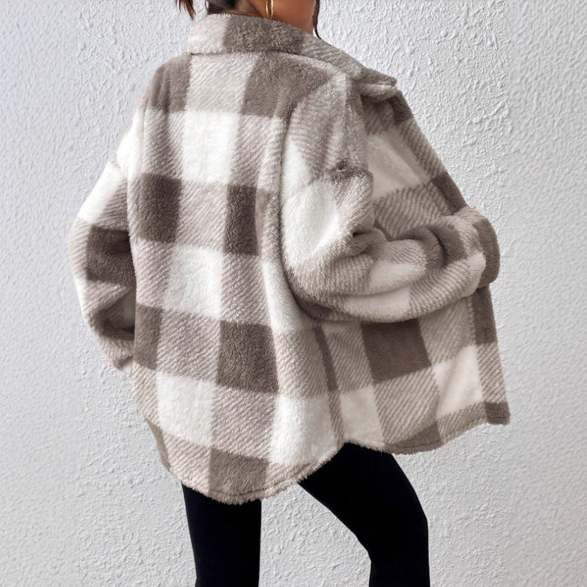 Ladies' casual plaid plush button front jacket